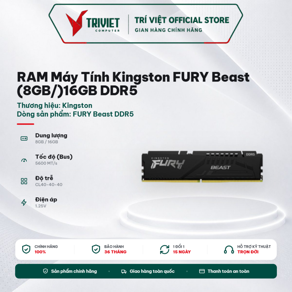 RAM Máy Tính Kingston FURY Beast (8GB/)16GB DDR5 5600MT/s CL40 Black XMP - KF556C40BB -RAM PC Gaming