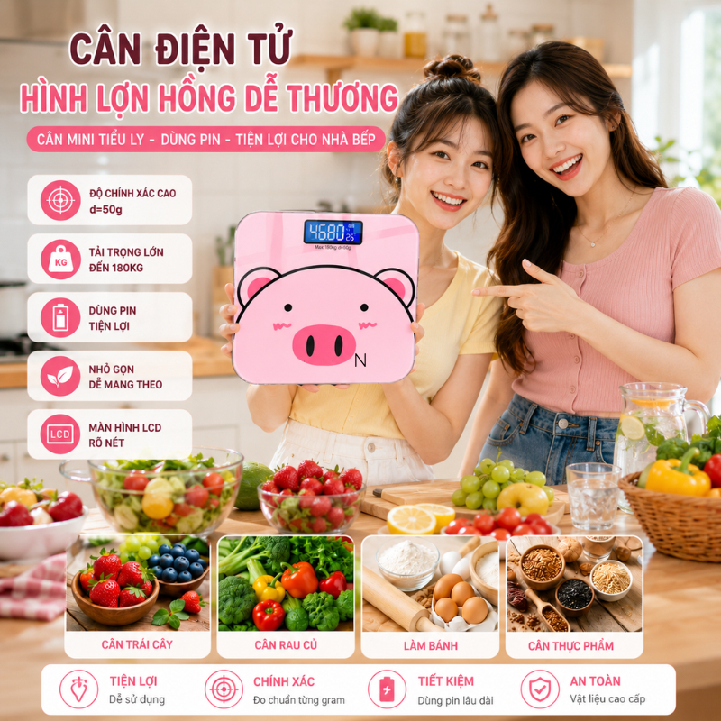 Cân Điện Tử Mini Hình Heo Hồng Cao Cấp, Cảm Biến Chính Xác, Chịu Tải 180kg, Màn Hình LCD Hiển Thị