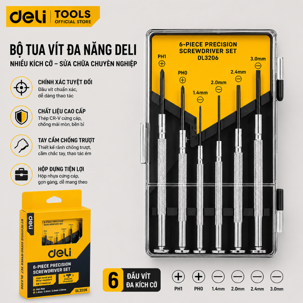 𝐃𝐞𝐥𝐢 - Bộ Tua Vít Đa Năng Deli Dễ  Sử Dụng Cho Nhiều Kích Cỡ, Sửa Chữa Đồng Hồ, Linh Kiện