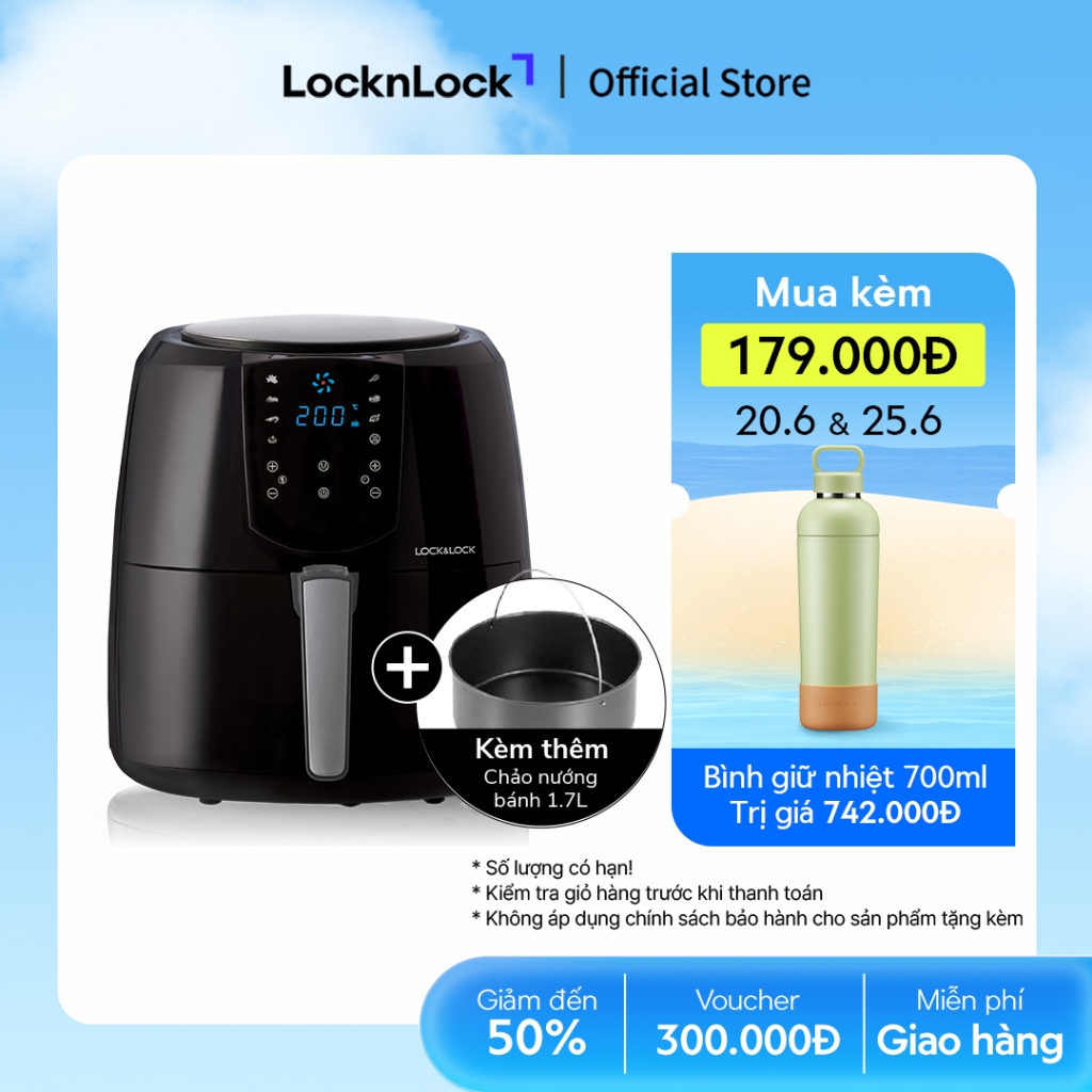 Nồi Chiên Không Dầu Lock&Lock Jumbo Plus Air Fryer 5.2L Màu-đen EJF357BLK 8 menu sẵn, giảm chất béo, giữ ấm