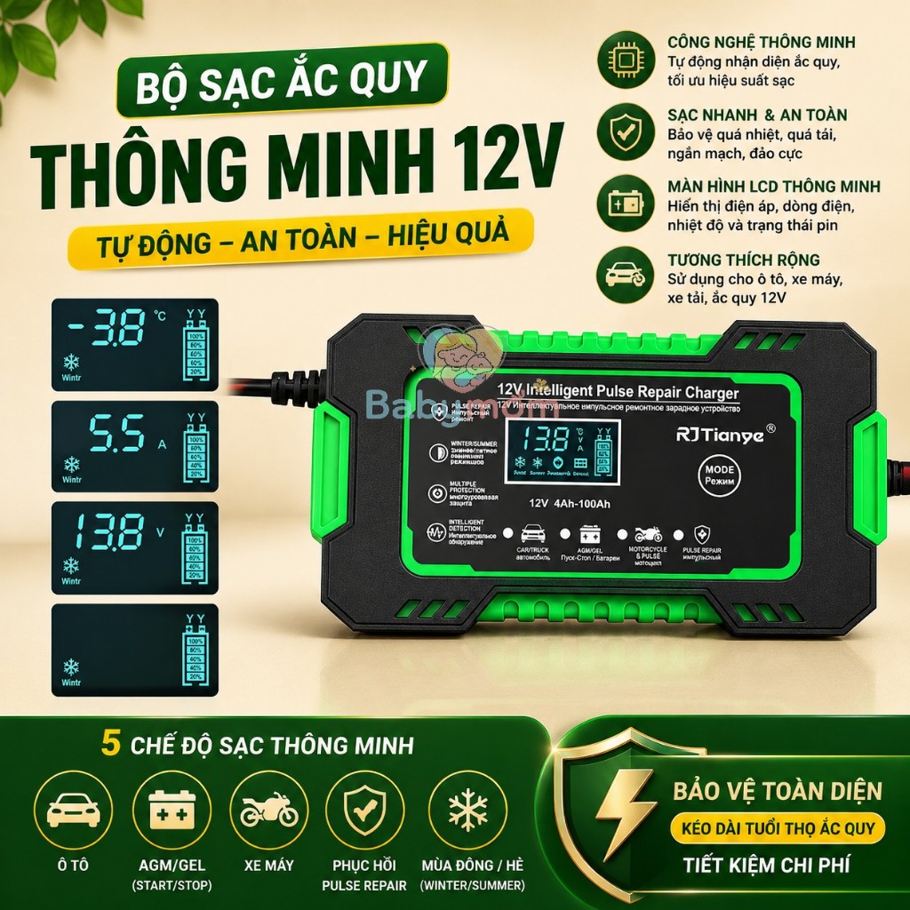 Sạc bình acquy xe máy 12V - 100ah, bộ sạc bình acquy cho xe máy đến ô tô tự động ngắt khi đầy