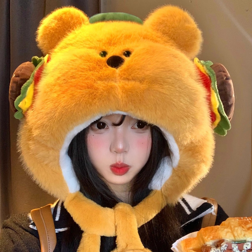 Nón lông hamburger, nón lông mèo có thể bóp tai Hoạt Hình Siêu Dễ Thương Chụp Photobooth, hàng cao c