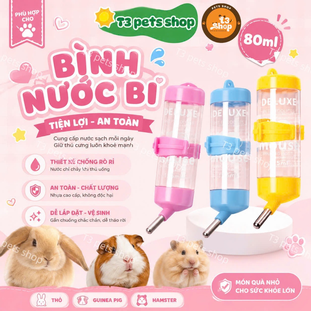 Bình nước bi 80ml cho hamster /sóc / nhím - T3 PETS SHOP