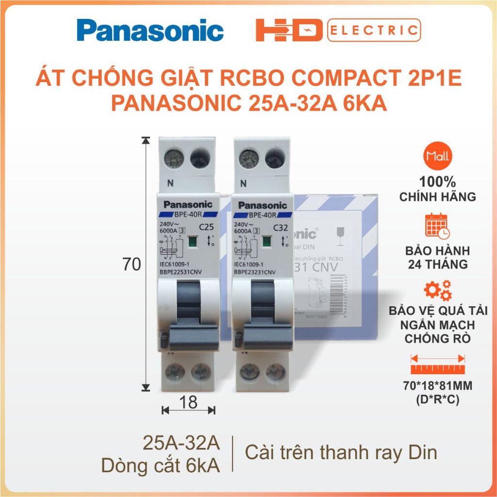 Aptomat Chống Giật RCBO COMPACT Panasonic 25A 32A 6kA - Cầu dao Át tép chống rò bảo vệ quá tải chập