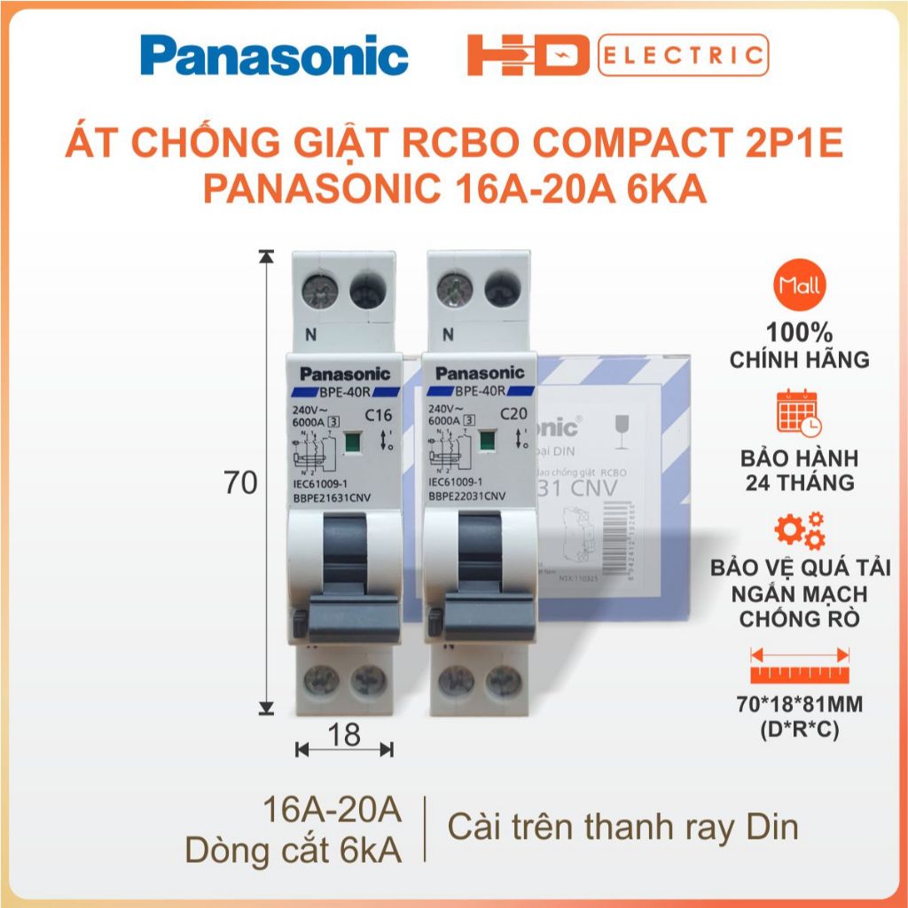 Aptomat Chống Giật RCBO COMPACT Panasonic 16A 20A 6kA - Cầu dao Át tép chống rò bảo vệ quá tải chập