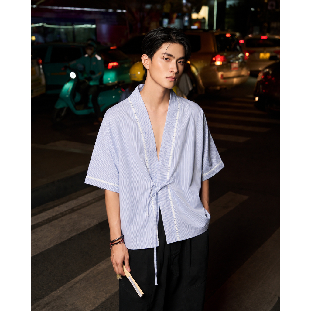 HYMAISON | Suzume Kimono |  Áo Kimono Sọc Xanh Nam Nữ Đan Thủ Công