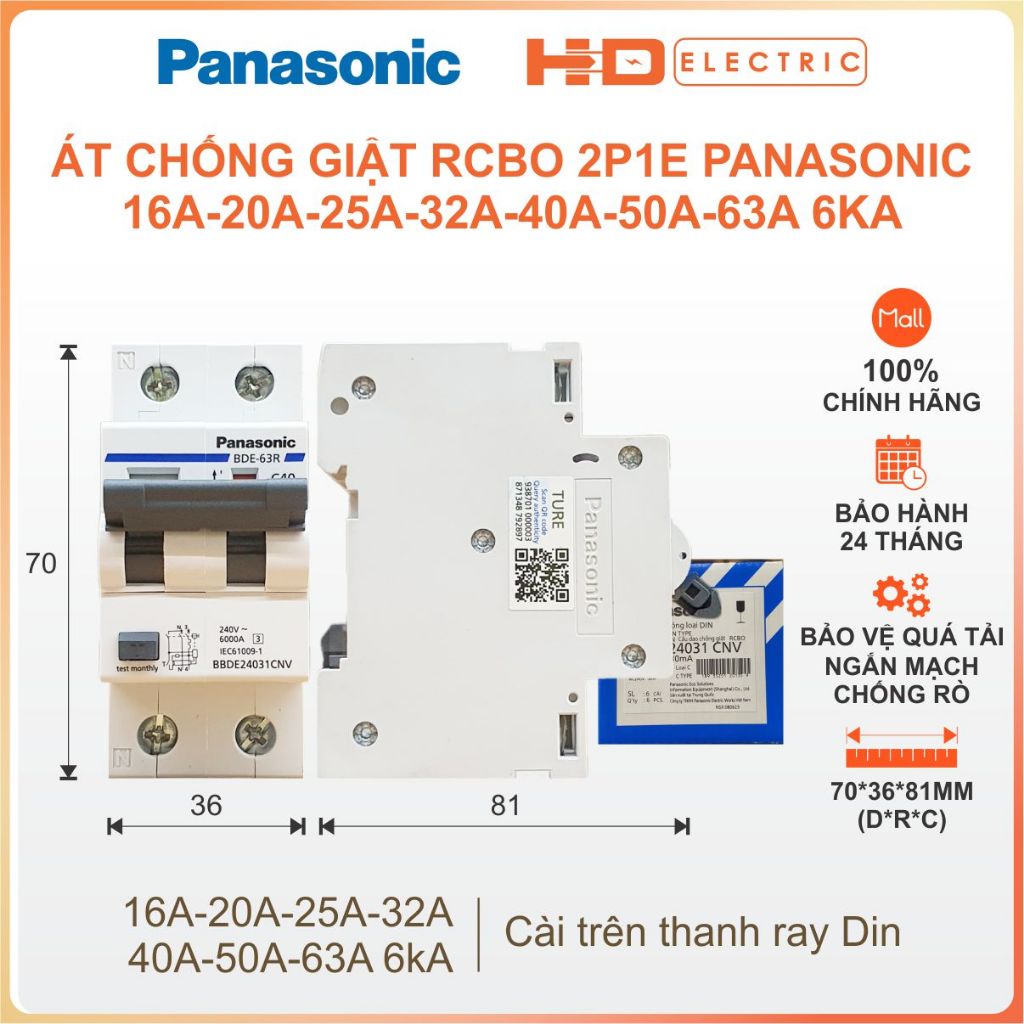 Aptomat Chống giật RCBO Panasonic 16A - 63A 6kA - Cầu dao Át tép Chống Rò điện bảo vệ quá tải chập