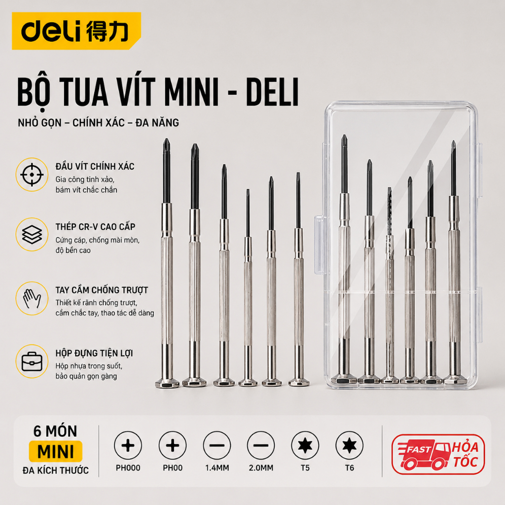𝐃𝐞𝐥𝐢 - Bộ Tua Vít Sửa Chữa Đa Chức Năng Deli 20 Đầu Vít Cao Cấp - Chất Liệu Siêu Bền, Thiết Kế Gọn N