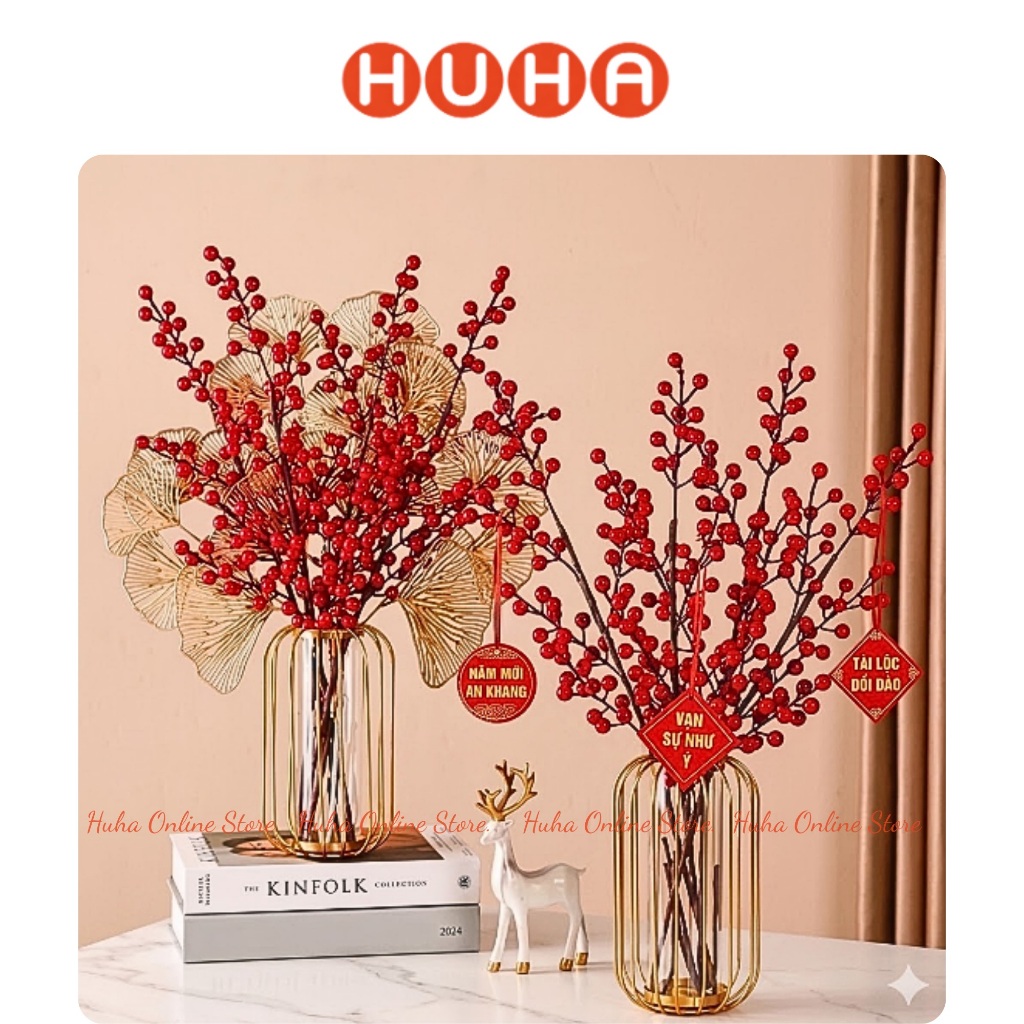 Cành Đào Đông Đỏ Trang Trí Tết (1 Cành / 12 Nhánh Quả) - hoa khô Huha