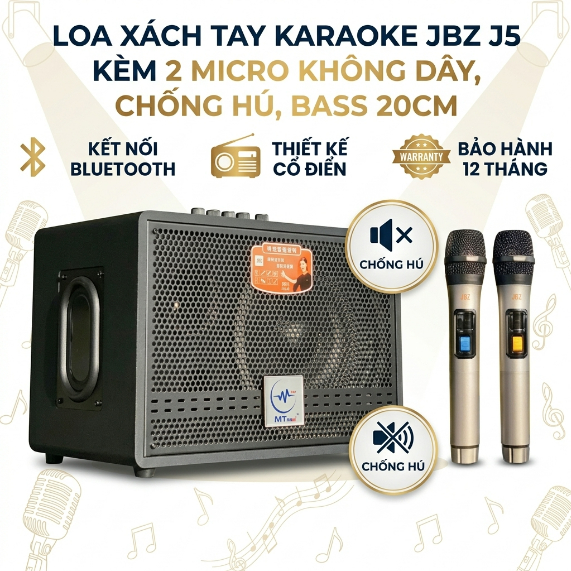 Loa Xách Tay Karaoke JBZ J5 - 1 Bass 20cm 1 Treble 2 Bass Phụ Công Suất 200W - Kèm 2 Micro Không Dây