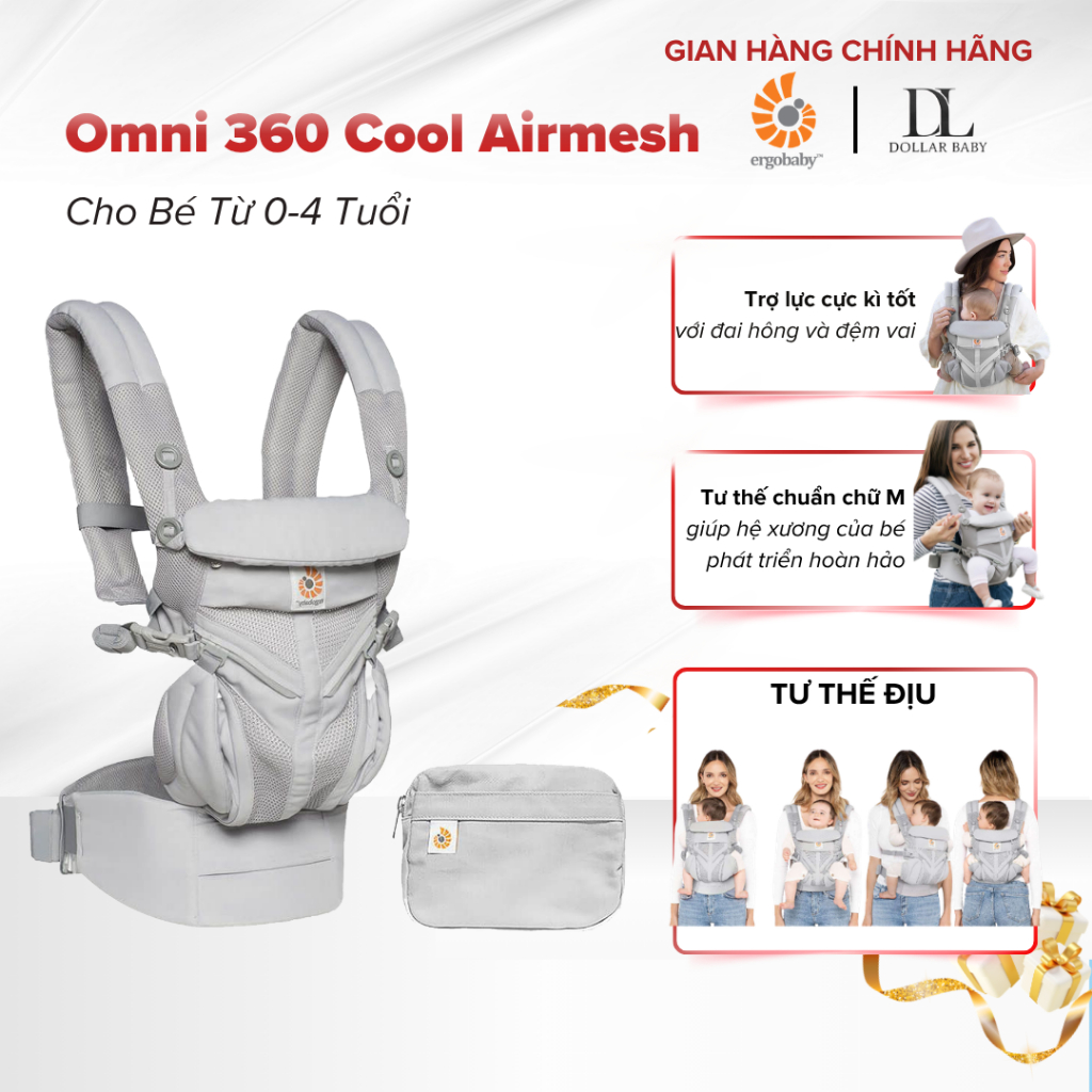Địu Ergobaby Omni 360 Cool Air Mesh - Lưới Cool Air, 4 Tư thế, Chuẩn IHDI - Chính hãng Mỹ