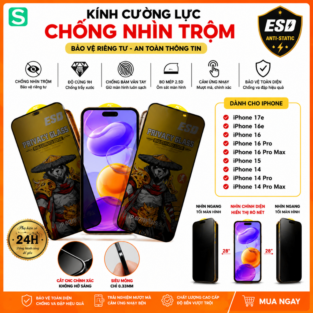Kính Cường Lực Chống Nhìn Trộm ESD Cho iPhone 16 16e 17e , 16 Pro Max, 15, 14 14 pro 14 pro max - Bả