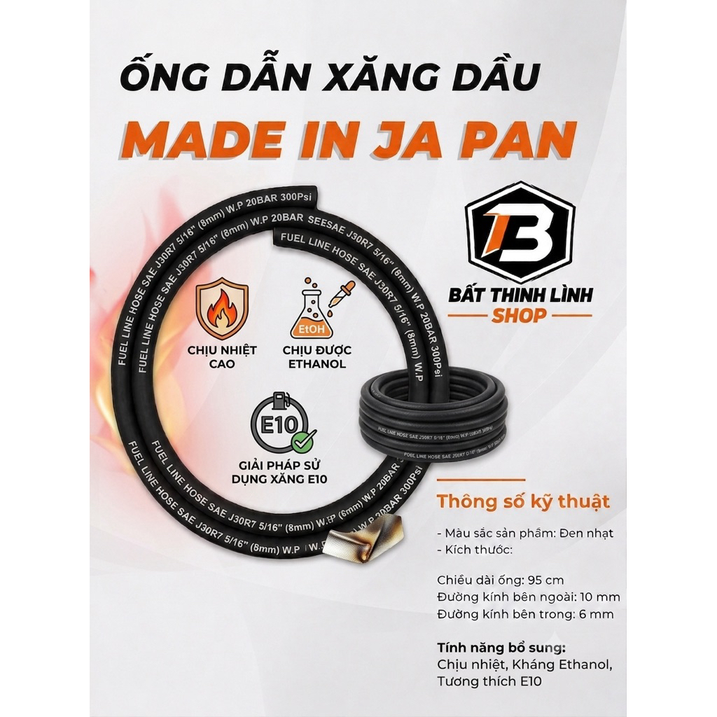 Ông Xang Nhật Bản 95cm Đường Kính 10mm Chịu Nhiệt Cao Khang Ethanol. Dùng Cho Xang E10 Chất Lượng NH