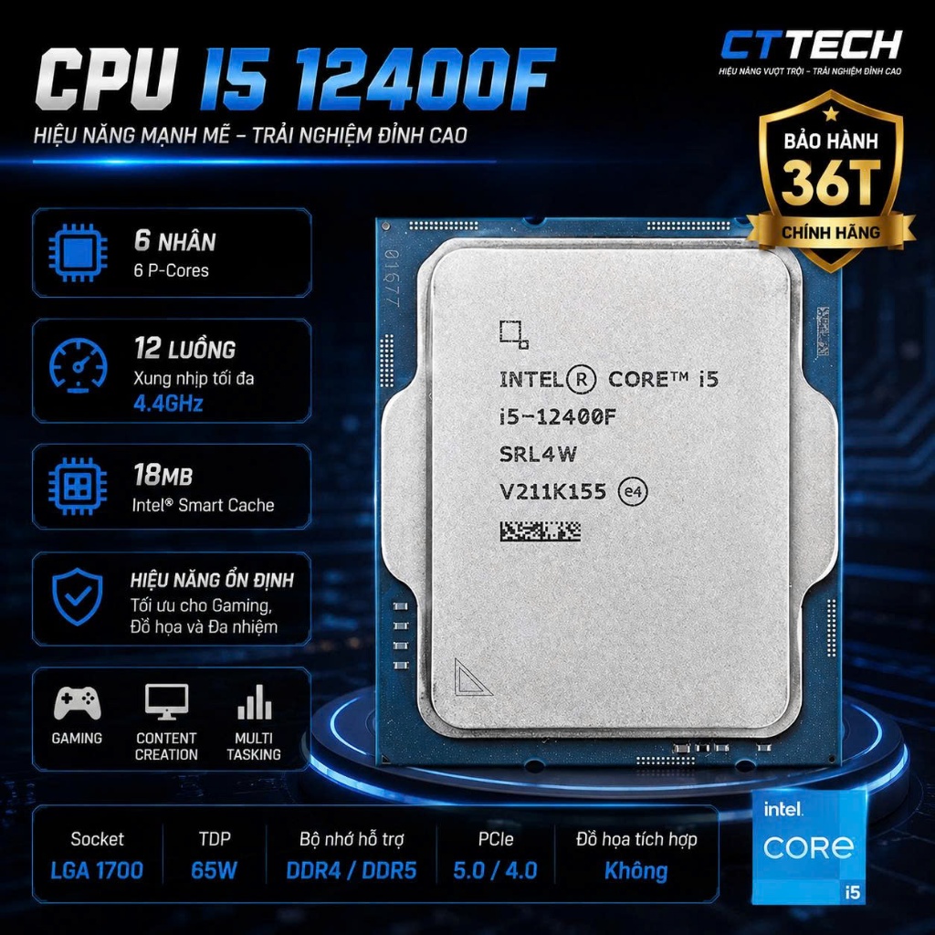 CPU Intel Core i5 12400F Tray New Bảo Hành 36 tháng