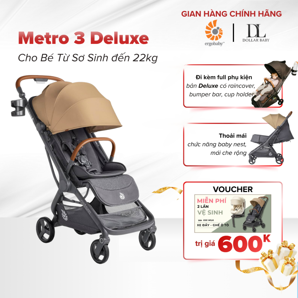 Xe Đẩy Cao Cấp Ergobaby Metro 3 Deluxe - Gấp Gọn Gọn Nhẹ, Ngả Phẳng Cho Trẻ Sơ Sinh - Chính Hãng Mỹ