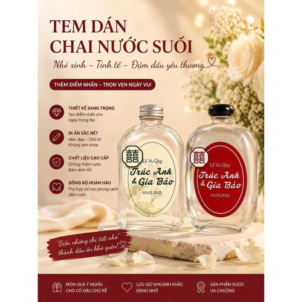 Tem dán chai nước suối trang trí gia tiên