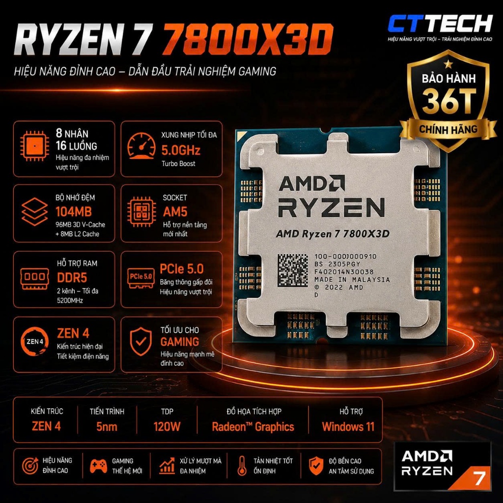 CPU AMD Ryzen 7 7800X3D Tray New Bào Hành 36 thàng