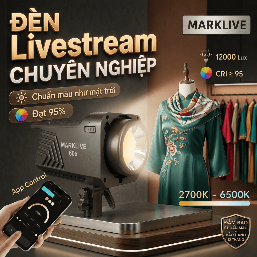 MARKLIVE 60X Đèn Livestream Chụp Ảnh Quay Video Chuyên Nghiệp, Chuẩn màu 95%, Sáng Mạnh ,APP kết nối