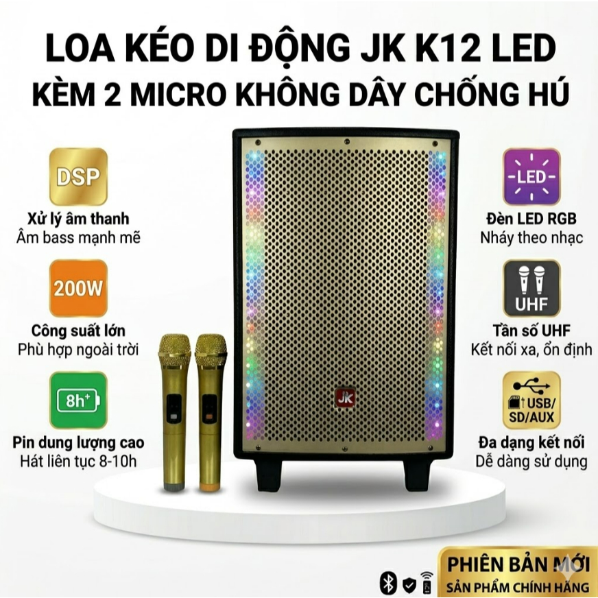 Loa Kéo Karaoke JK K12 - Bass 30cm Công Suất Lớn 150W Tặng Kèm 2 Mic Không Dây Chống Hú Loa Karaoke 
