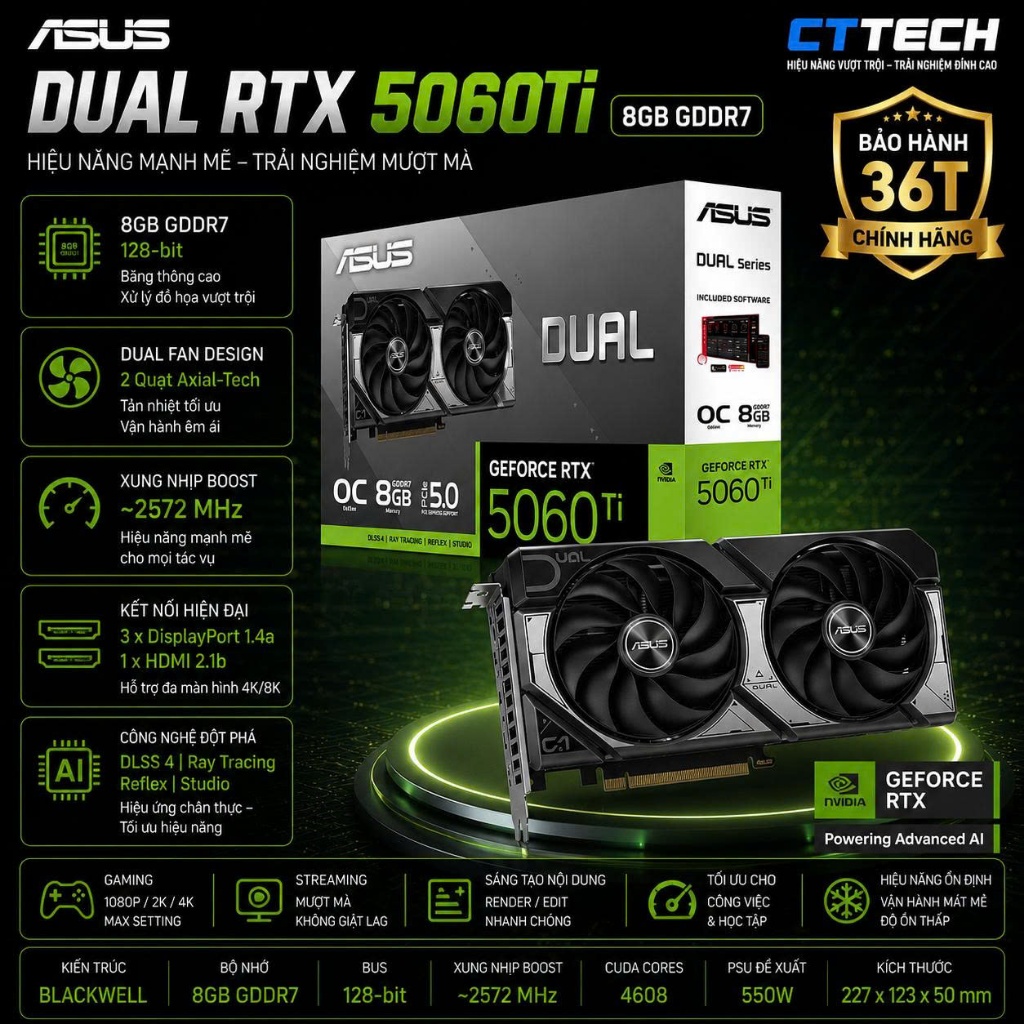 VGA Asus Dual RTX 5060Ti 8GB New Bảo Hành 36 tháng