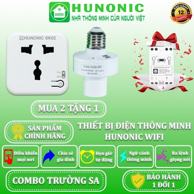 COMBO Trường Sa Mua 2 Tặng 1, Ổ Cắm Wifi Hunonic, Đui Đèn Wifi Thông Minh, Tặng Công Tắc Wifi
