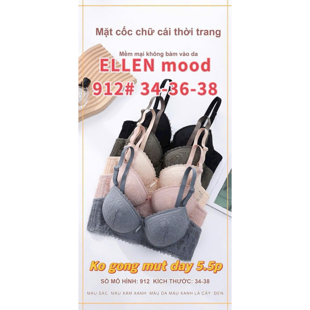 Áo Ngực Nữ Ellen Mood 912 Ren Cao Cấp Có Gọng Mút Dày 5.5cm Nâng Ngực Tự Nhiên Size 34-38-40 Bi94 St
