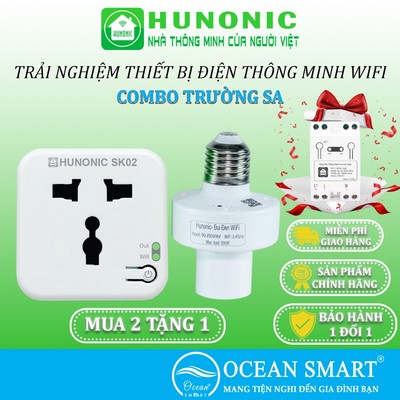 COMBO Trường Sa Mua 2 Tặng 1, Ổ Cắm Wifi Hunonic, Đui Đèn Wifi, Tặng Công Tắc Thông Minh Datic Basic - HNSK02_HNSPWF