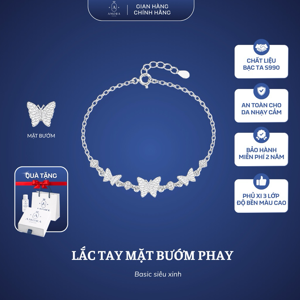 Lắc tay nữ AMORA thiết kế 3 mặt hình bướm phay bạc ta AMORA JEWELRY LHĐ013