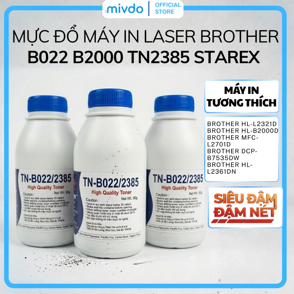 Mực Nạp Máy In Laser Starex Cho Brother B022 B2000 TN2385 HL2321D Sạch Nền Ít Mực Thải