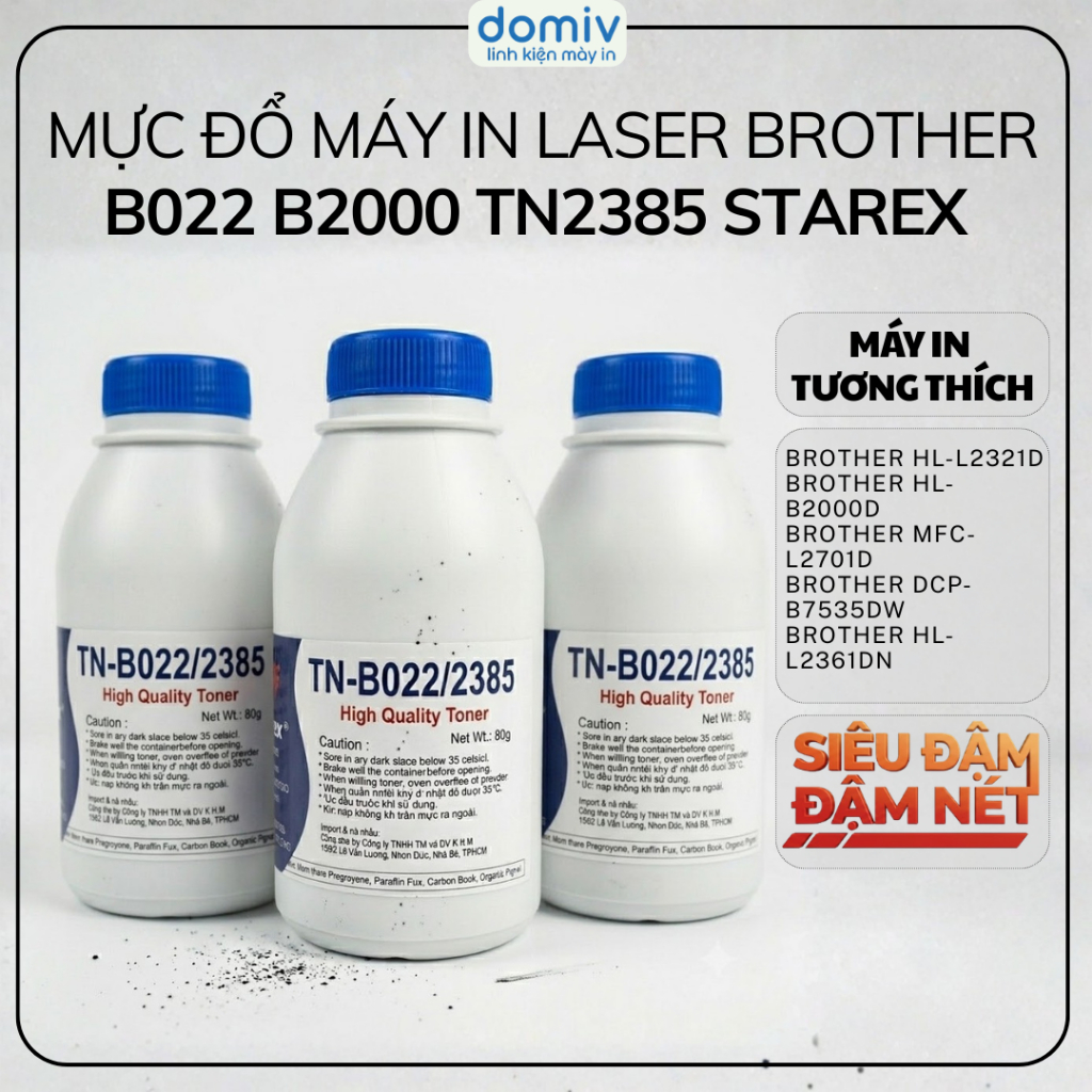 Mực Đổ Máy In Laser Brother B022 B2000 TN2385 Starex Cho HL2321D In Đậm Nét Ổn Định