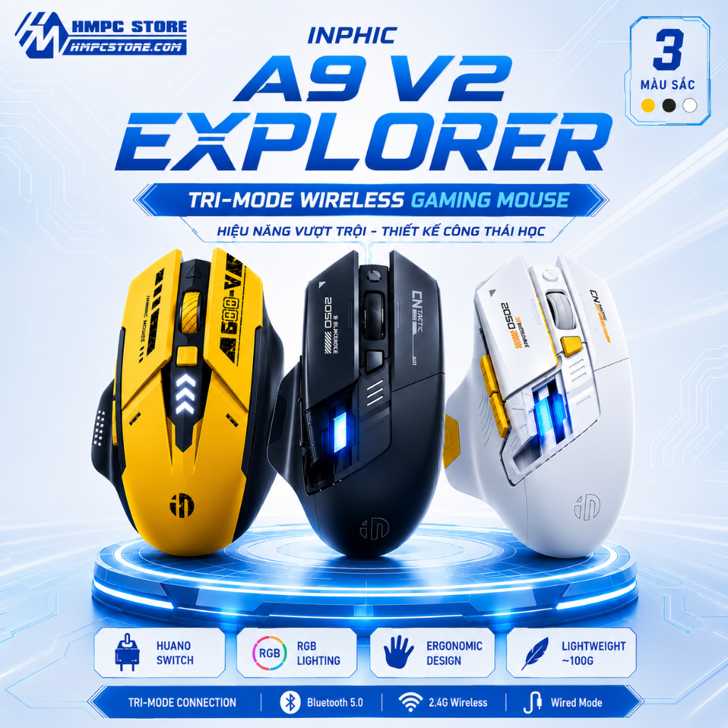 Chuột Gaming không dây INPHIC A9 V2 Explorer Tri-Mode Wireless | Tri-mode, công thái học, BH 1 năm