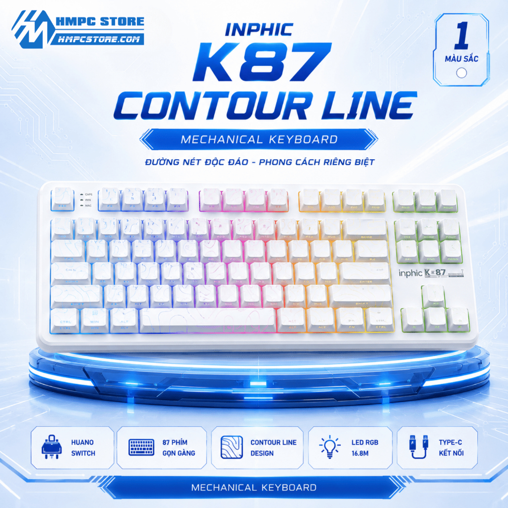 Bàn phím cơ INPHIC K87 Contour Line | Tri-mode, led xuyên phím, BH 1 năm