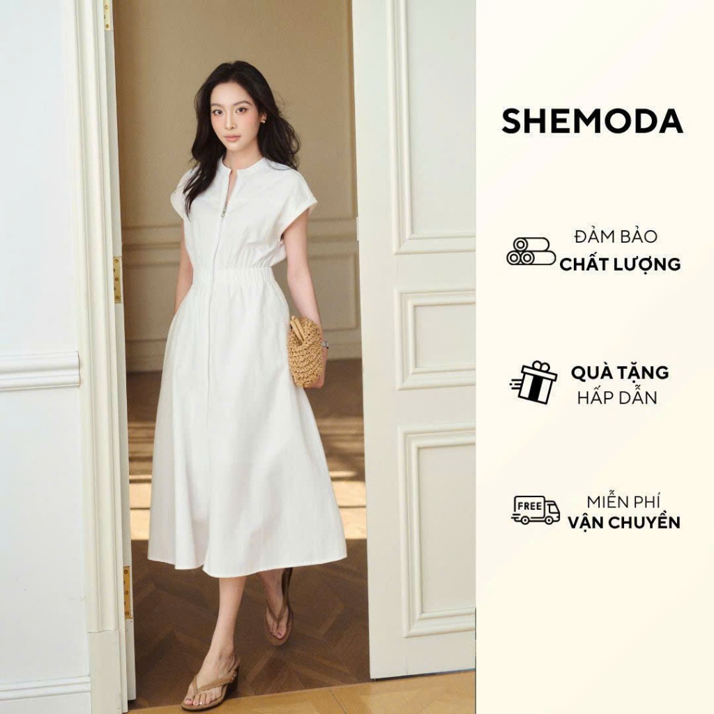 Váy Trắng Cộc Tay Midi Dáng Xòe Chữ A SHEMODA FRONT ZIP DRESS Thanh Lịch, Tôn Dáng | BigBuy360 - bigbuy360.vn