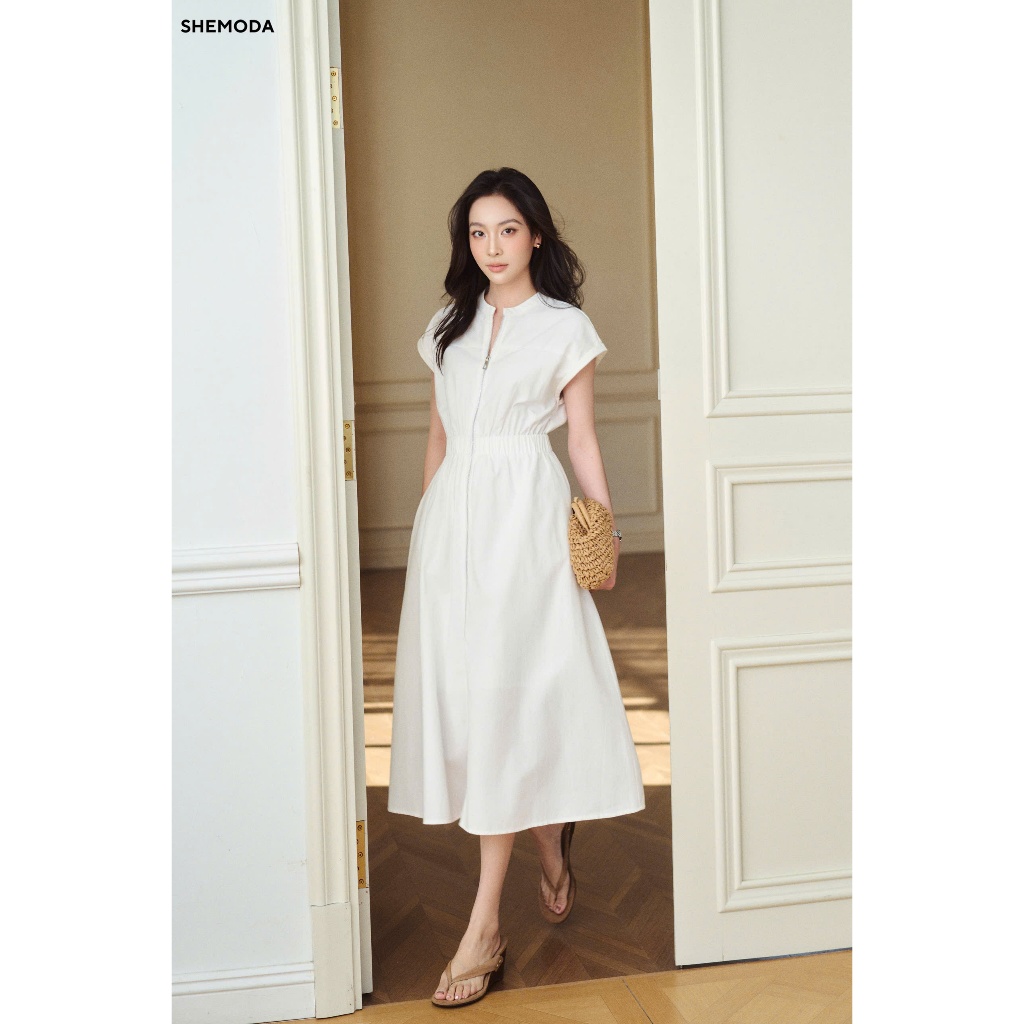 Váy Trắng Cộc Tay Midi Dáng Xòe Chữ A SHEMODA FRONT ZIP DRESS Thanh Lịch, Tôn Dáng | BigBuy360 - bigbuy360.vn