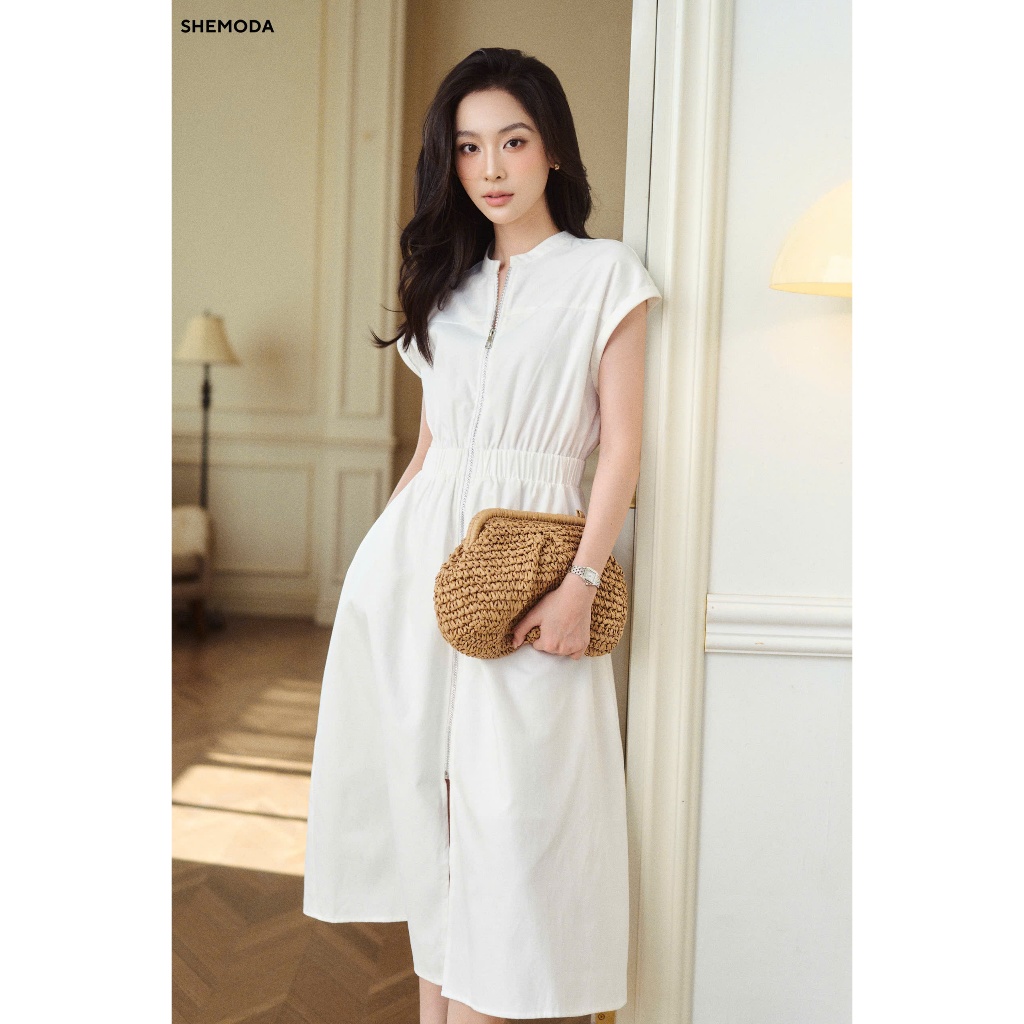 Váy Trắng Cộc Tay Midi Dáng Xòe Chữ A SHEMODA FRONT ZIP DRESS Thanh Lịch, Tôn Dáng | BigBuy360 - bigbuy360.vn