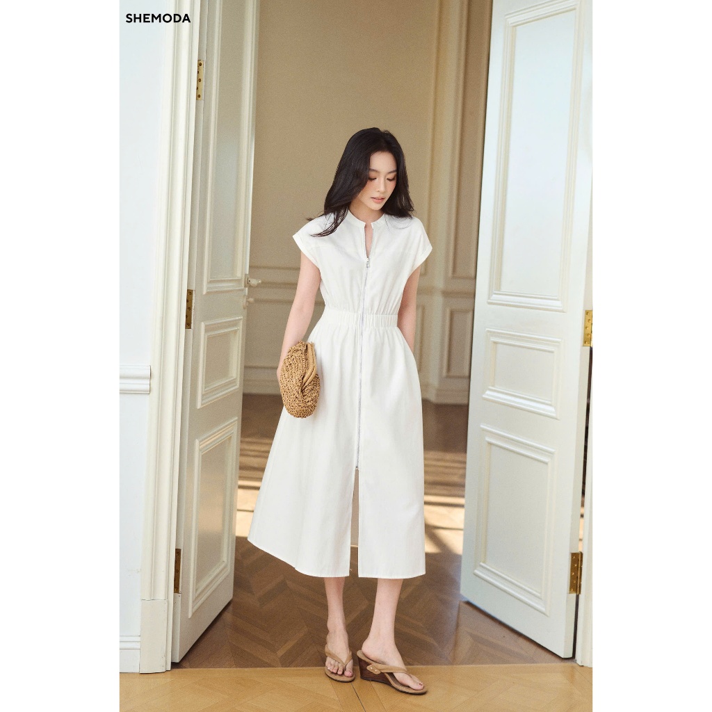 Váy Trắng Cộc Tay Midi Dáng Xòe Chữ A SHEMODA FRONT ZIP DRESS Thanh Lịch, Tôn Dáng | BigBuy360 - bigbuy360.vn