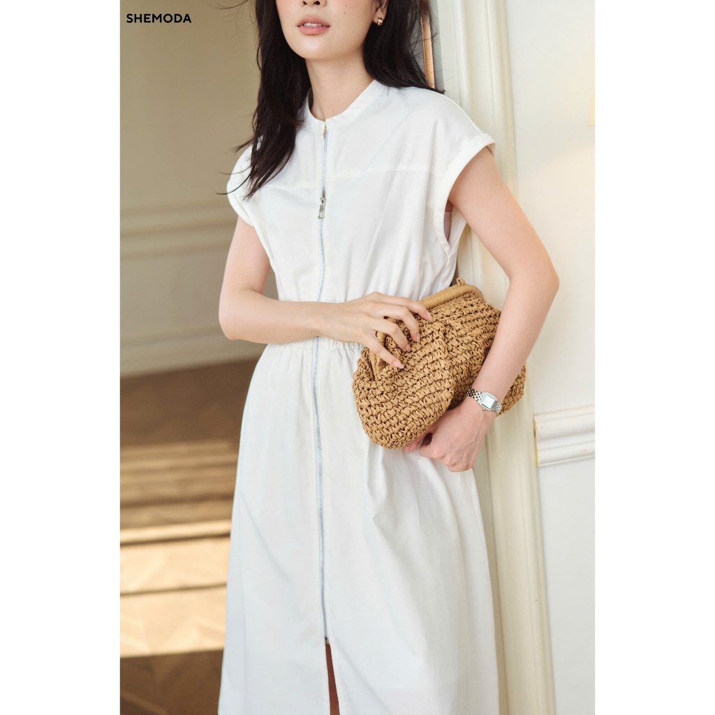 Váy Trắng Cộc Tay Midi Dáng Xòe Chữ A SHEMODA FRONT ZIP DRESS Thanh Lịch, Tôn Dáng | BigBuy360 - bigbuy360.vn