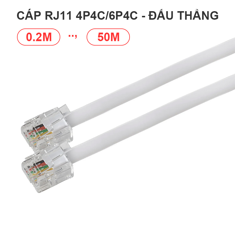 Dây điện thoại RJ11 4P4C 6P4C đấu thẳng dẹt mỏng (màu trắng) - RJ11 telephone cable