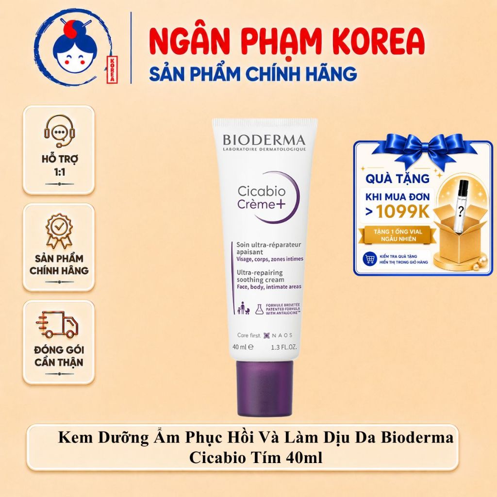 [Hàng Công Ty] Kem Phục Hồi Bioderma Tím Cicabio Crème 40ml - Giảm Đỏ Rát Khẩn Cấp, Tạo Màng Sinh Học Bảo Vệ Da