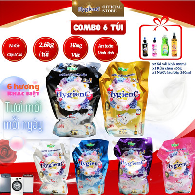 Combo 6 túi nước giặt đậm đặc 2 trong 1 HygienC Plus+ - Khối lượng 2.6Kg