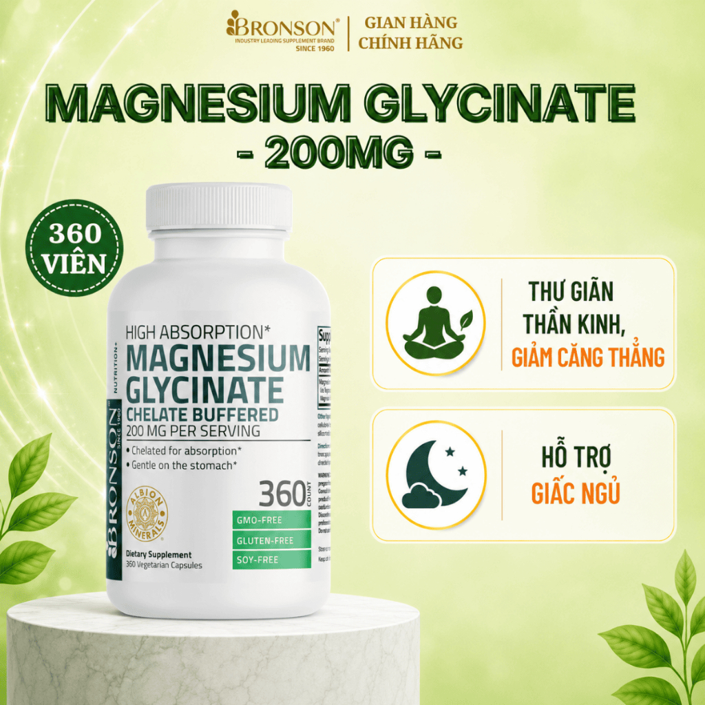 Viên Uống Hỗ Trợ Giấc Ngủ Bronson Magnesium Glycinate 200mg Giúp Thư Giãn Thần Kinh, Giảm Căng Thẳng