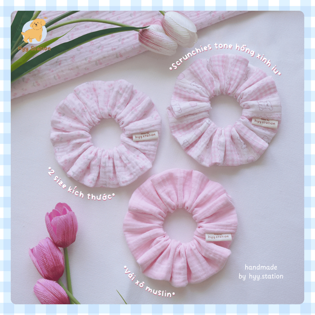 Scrunchies dây buộc tóc Vải Xô Muslin tone Hồng Pastel họa tiết xinh yêu handmade by Hyy Station