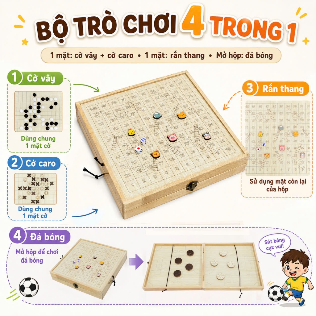 Bộ Cờ Đa Năng 4 Trong 1 Bằng Gỗ, Trò Chơi Đối Kháng Cờ Búng - Cờ Caro - Cờ Vây…