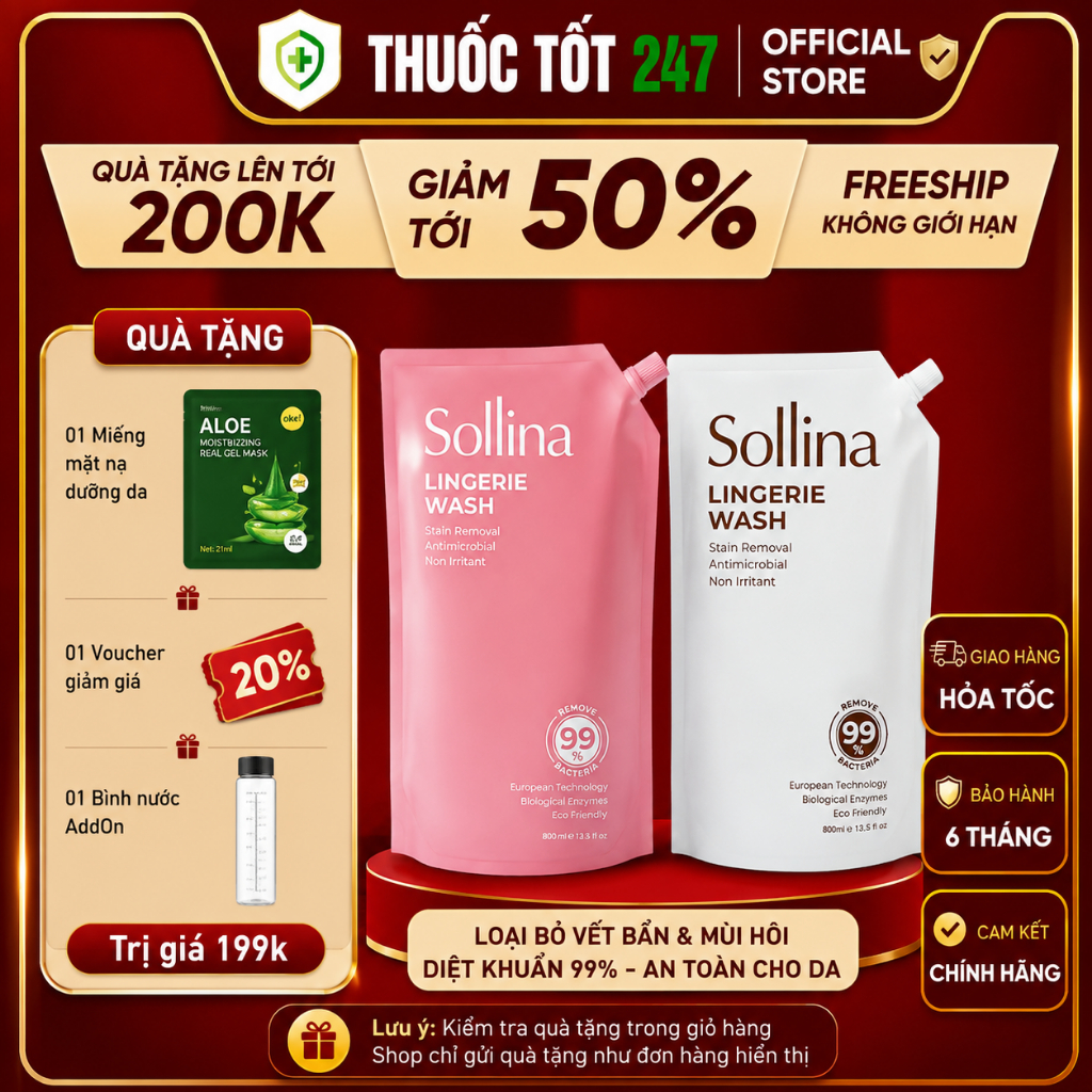 Túi 800Ml Refill Nước Giặt Đồ Lót Chuyên Dụng Sollina Giúp Khử Mùi, Kháng Khuẩn, An Toàn Cho Da