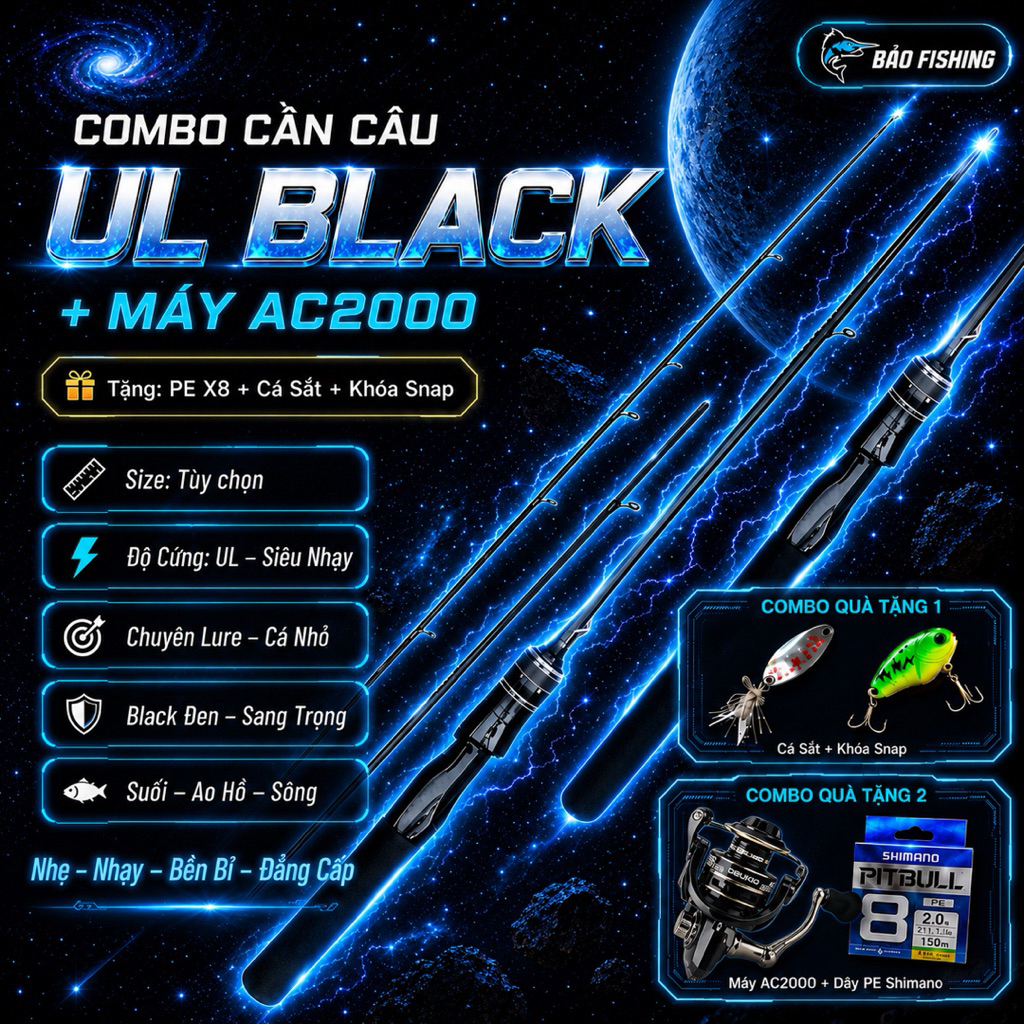 Combo Cần Câu Lure UL Black + Máy AC2000 Tặng Dây PE + Nhái Hơi + Khóa Snap | UL Siêu Nhạy Câu Cá Nh