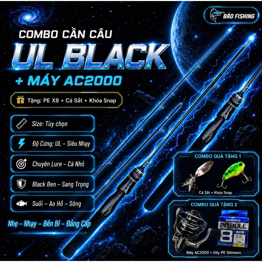 Combo Cần Câu Lure UL Black + Máy AC2000 Tặng Dây PE + Nhái Hơi + Khóa Snap | UL Siêu Nhạy Câu Cá Nh