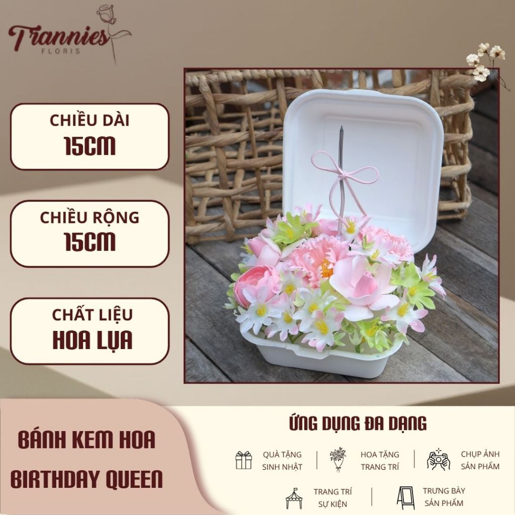 Bánh Kem Hoa Lụa Birthday Queen Trannies Floris Quà Tặng Sinh Nhật Tặng Kèm Nến Thắt Nơ