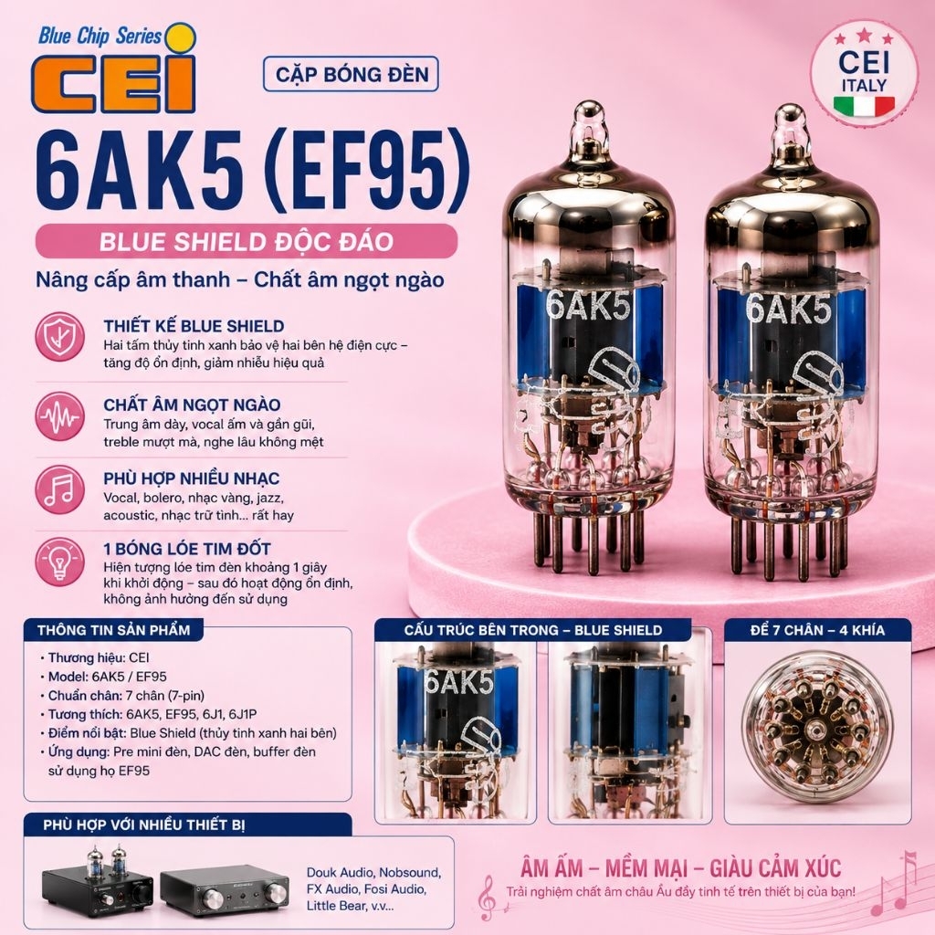 Cặp bóng đèn CEI 6AK5 / 5654 /  EF95 Blue Shield | Nâng cấp pre mini FX Audio