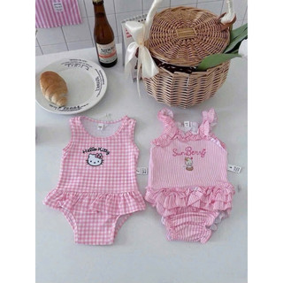 B6- Bikini liền mảnh kẻ hồng hoạ tiết mèo kity xinh xắn cho bé gái đi chơi , đi bơi , đi biển