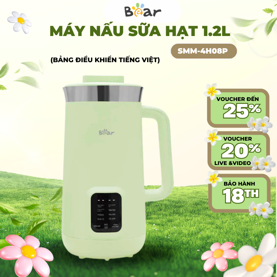 Máy làm sữa hạt 1.2L đa năng SMM-4H08P (DJJ-E08R1), 10 Lưỡi Dao Inox,Xay Sinh Tố,Hẹn Giờ,BH 18 Tháng
